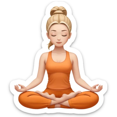 white woman with neat ponytail hairstyle, sitting in lotus position, meditating with closed eyes and serene expression, wearing light orange yoga outfit sticker
