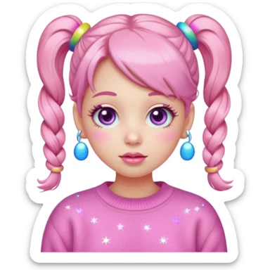 “Emoji girl, pastel pink blush, sparkly wide eyes, glossy bubblegum lips, hair in pigtails with colorful clips, oversized pastel sweater.” sticker