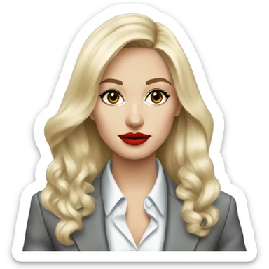 Russian Blonde long hair with red lips small nose and black eyes Tiffany diamond seller in a grey suit sticker