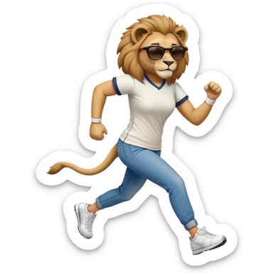 friendly anthropomorphised female lion wearing a baseball shirt, jeans, trainers, dark sunglasses, jogging upright, looking dominant and confident sticker