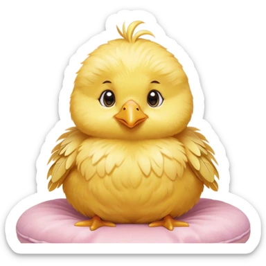 Cinematic round fluffy chick, golden yellow, tiny beak and feet, soft downy feathers, sparkling gentle eyes, sitting on a pastel-colored cushion, radiating warmth and sweetness. sticker