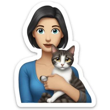 woman with dark hair and blue eyes holding a tabby cat sticker