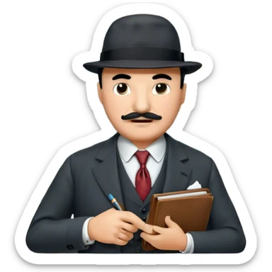 A cinematic-style frame showing Hercule Poirot in his iconic suit with a notebook in a dramatic detective pose. Background should be mysterious city, map, a board with photos of suspects, clues like fingerprints. Transparent background. sticker