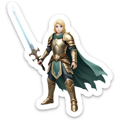 An icon representing an RPG, inspired by Elden Ring, featuring a lone warrior standing on a cliff overlooking a vast, mystical landscape. The design includes intricate armor, a glowing sword, and a majestic, otherworldly sky. Transparent background sticker