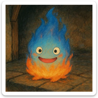 Calcifer from Howl's Moving Castle, a small, blue and orange fire spirit with a cute, animated face, in Ghibli style sticker