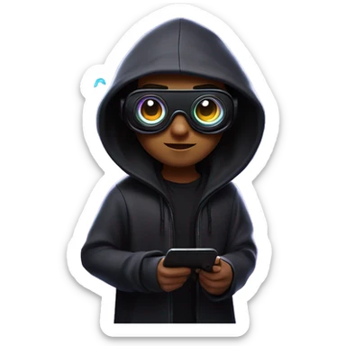 Harry Potter wearing a black hoodie with "OMG" letters on it and VR headset oculus quest 2 in a cyberpunk VR environment with violet neon lighting. sticker