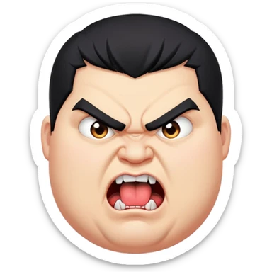 chubby young angry man in profile view with black hair, sharp fangs, crossed eyes, exaggerated long tongue sticking out sticker
