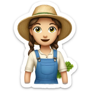farmer girl, blue eyes, dark nbrown hair, with a straw hat, ponytail, holding greens sticker