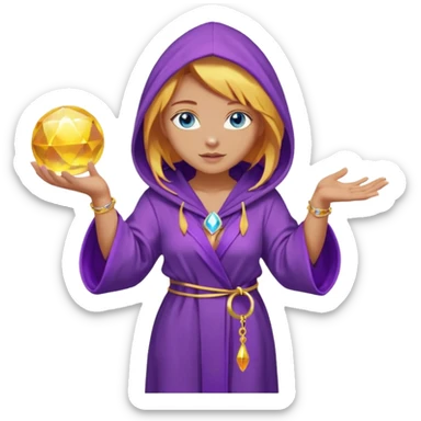 lightly tanned skin, blue eyes, cute and sexy girl with bright yellow-brown hair in a few shades of purple robe with hood, golden rings, slight cute makeup, full body, slightly turned aside pose, holding a magical ball (for future prediction) sticker