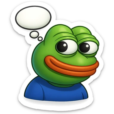make a pepe in bright green smiling with thought bubble looking at right left in 3d style, good highlights and shadows, drop shadows sticker