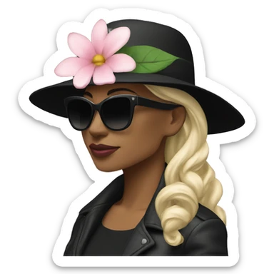  woman wearing a black hat adorned with a white flower and smaller decorative flowers. She is also wearing black sunglasses and a shiny pink jacket over a black top. She appears in a side profile pose , her head slightly tilted back. White skin sticker