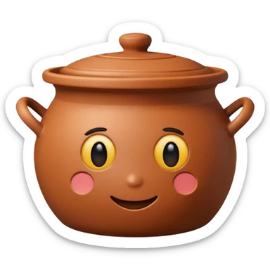 top view of a round clay pot with a lid, emoji style sticker