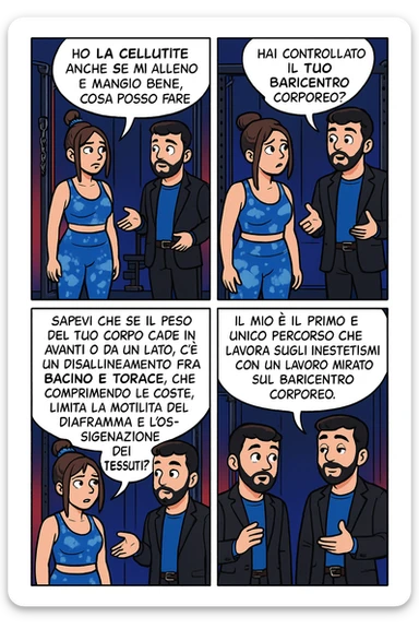 TRASFORMA QUESTO CAROSELLO IN UN FUMETTO STILE FUMETTO TOPOLINO CON QUESTE DUE PERSONE IDENTICHE CHE INTERLOQUISCONO TRA LORO:

LEI: Ho la cellulite anche se mi alleno e mangio bene, cosa posso fare?

LUI: Hai controllato il tuo baricentro corporeo?
LUI: Sapevi che se il peso del tuo corpo cade in avanti o da un lato, c’è un disallineamento fra bacino e torace, che comprimendo le coste, limita la motilità del diaframma e l’ossigenazione dei tessuti?
LUI: Il mio è il primo e unico percorso che lavora sugli inestetismi con un lavoro mirato sul baricentro corporeo. sticker
