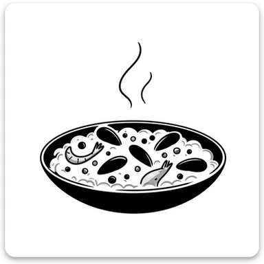 hand-drawn doodle style paella, simple lines, pan with rice and seafood sticker