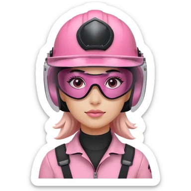 pink power ranger, woman emoji, with helmet on, black visor eye protection sticker