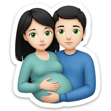 Make a couple hugging the girl is white with long black hair with blue eyes. The girl is hugging a boy with light brown short hair with green eyes. The boz is pregnant  sticker