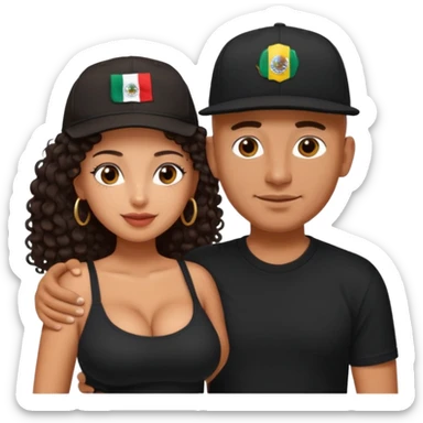 A picture of an embracing tanned couple. the man is a Mexican man with tanned skin, with a bald hair cut wearing a SnapBack hat and a black shirt. the woman is shorter, with long curly dark brown hair and with big boobs   sticker