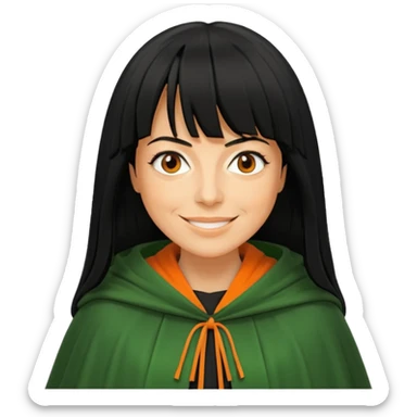 traitor tv show, person wearing green cloak who looks like claudia winkleman orange skin tone and thick black fringe sticker