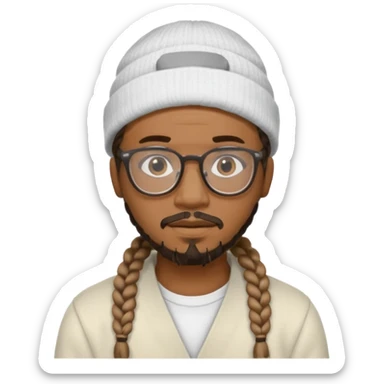 black man with braids glasses beanie and goatee white clothes sticker