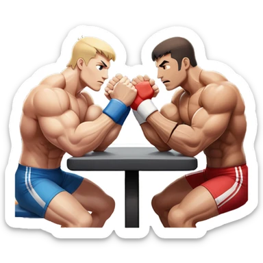 Two strong competitors locked in an intense arm wrestling match, muscles tensed as they battle for victory. The table is well-lit, showcasing their focused expressions and powerful arm grips. The background features a competitive arena with a cheering crowd. Transparent background. sticker