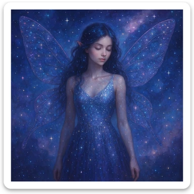 cosmic fairy with starry wings, shimmering dress, galaxy background, dreamy ethereal style sticker