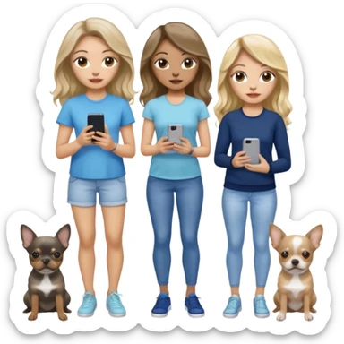 Three women in summer clothes holding iPhone, hazel eyed light skin with dark blonde long hair and light skin hazel eyed brown long wavy hair, blue eyed light skin long blonde hair walking 2 dogs,blue and gray spotted Merle Frenchie, black and tan chihuahua  sticker