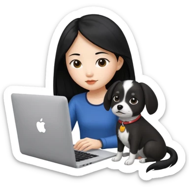 Asian girl with long black hair working on an Apple laptop, next to her is a small black and white dog with no collar on  sticker