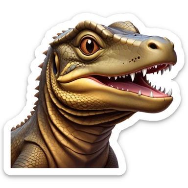 Cinematic Realistic Comical Komodo Dragon Portrait Emoji, Head tilted dramatically with an exaggeratedly amused expression, featuring a striking, glossy scaled hide with bold textures and wide, expressive eyes brimming with playful disbelief, rendered with lifelike detail and natural hues, high shine, dramatic yet playful, styled with an air of cheeky reptilian mischief, soft glowing outline, capturing the essence of a spirited and over‐the‐top Komodo dragon that looks ready to charge its way into viral fame! sticker