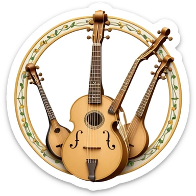 Design a sophisticated and festive emblem-like emoji representing plucked and stringed instruments. The layout should resemble a heraldic crest, featuring iconic instruments like a banjo, mandolin, domra, and sitar, artistically arranged in an elegant and symmetrical way. The necks of the instruments should be intertwined with a flowing ribbon of musical notes, winding around the strings and fretboards. The design should be detailed, showcasing the intricate carvings on the instruments, visible strings, and fret markers. Use a rich color palette with deep golds, browns, and vibrant accents to evoke a sense of luxury and celebration. The musical notes should appear to float around the instruments, connecting them in a graceful, dynamic way. Include ornate flourishes or decorative elements like laurels, swirls, or subtle engravings to give the image a professional, emblematic appearance. The background should be transparent. sticker