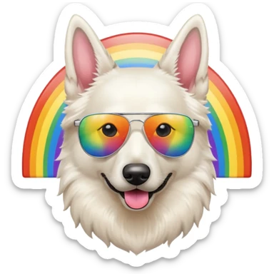 White belgian Shepard with a sunglas on a rainbow sticker