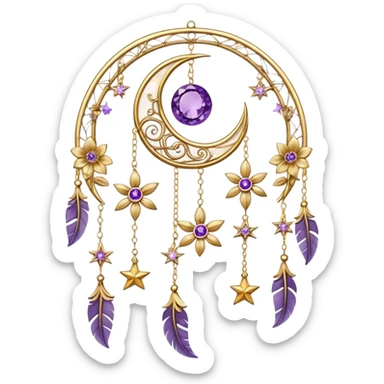 Epic beautiful gorgeous cute gold suncatcher, threads with shiny sparkly amethyst gemstones, flowers, crescents-moons, stars, gold Feathers  sticker