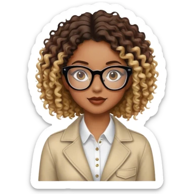 Girl with black glasses and slight smile with brown curly hair with blond highlights in a stylish outfit  sticker