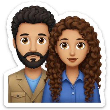 pareja de Mujer morena rizada cabello largo castaño ojos oscuros y hombre piel clara cabello negro con barba  y ojos marron sticker