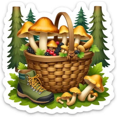 Icon for Mushroom and Berry Tourism: a basket filled with mushrooms chanterelles, boletus and aspen and berries, surrounded by forest elements like trees, leaves and a hiking boots. The icon should capture the joy of foraging in nature. Transparent background. sticker