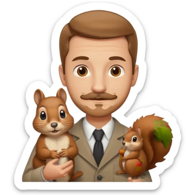 A man with light brown hair who is tall with a slight moustache and facial hair holding a squirrel  sticker