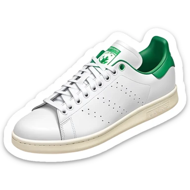 Classic white Adidas Stan Smith sneaker with green heel tab, white leather body, side view, perforated three stripes, iOS emoji style sticker