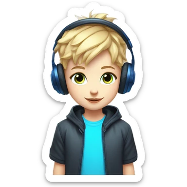 Blonde Short hair Gamer kid big nose thin eyebrows with blue eyes with headset and gamepad with neon Lighting sticker