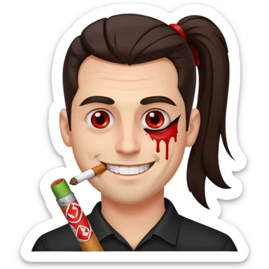 A white man with dark brown hair in a ponytail, oversized bloodshot eyes, grinning, smoking a long roll up sticker