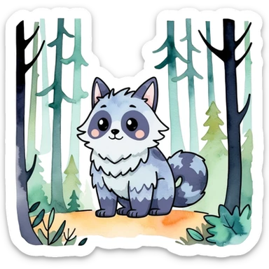 watercolor furry creature in a misty forest sticker