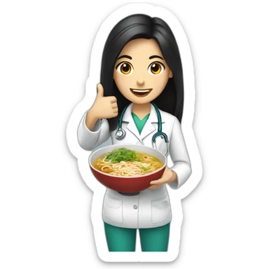 female doctor with long dark hair eating ramen bowl with thumbs up sticker