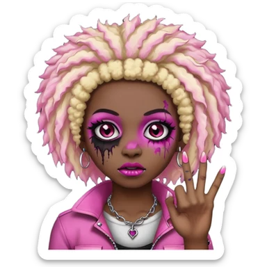girl, zombie,pink and blonde afro, medium long, emo, shaggy, dark, spooky,double eyebrow dermal piercing, two fingers up sticker