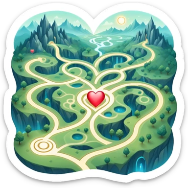 Magical cartography map with abstract heart-shaped pathways blending into the terrain lines, glowing ethereal map symbols sticker