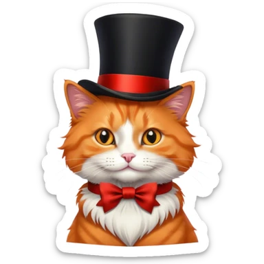fluffy elegant orange cat with top hat black with red ribbon sticker