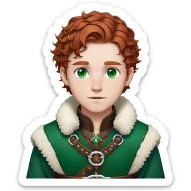 Medieval winter outfit worn by a DnD themed fantasy male character. Rich brown leather-trimmed wool tunic with sheepskin lining, featuring intricate metal buckles at the collar, paired with a heavy braided belt. Clothes only above the waist, full waist coverage. The character has no arms. Character is white-skinned with auburn hair, emerald green eyes, and short curly hair beneath a light dusting of snow. sticker