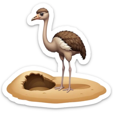 An ostrich standing next to a hole, with their head in the hole in the sand. sticker