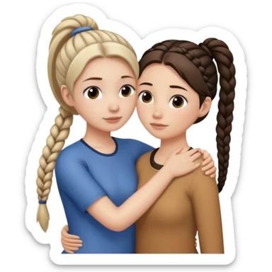 Comforting Hug two white skin women, one shorter woman with medium brown simple top ponytail, not braided, and one taller woman with a single long black side braid sticker