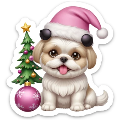 one white all over little shih tzu dog short hair with tongue hanging out sitting with light pink christmas hat sitting next to pink ornament sticker