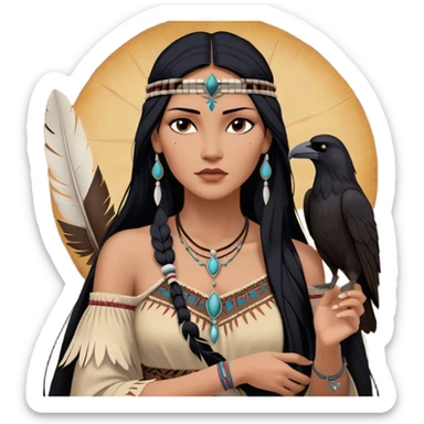 Cinematic Realistic Pocahontas Portrait, depicted with lifelike skin texture, soft natural lighting, and intricately detailed long, flowing raven-black hair that moves gracefully in the wind. Her deep, soulful dark brown eyes exude wisdom and strength, complemented by a serene yet powerful expression. She is shown gently holding a feather in one hand, her other hand resting lightly at her side, embodying the harmonious balance between nature and herself. She is dressed in her classic one-shoulder native American dress, with rich fabric textures and delicate beaded details that catch the light beautifully. The portrait features a soft, sun-kissed glow with a natural, radiant finish, capturing the essence of untamed beauty and deep connection to nature in a realistic and painterly style, evoking a sense of depth and authenticity. sticker