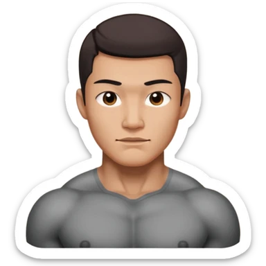 A standing buff shirtless asian guy with a really square jawline. Make his jawline extremely square and exaggerated. Also give him a middle part haircut. Give him a block square head sticker