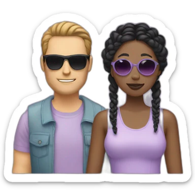 white man with brown hair sunglasses and a black woman with braids wearing a pastel lavender top sticker